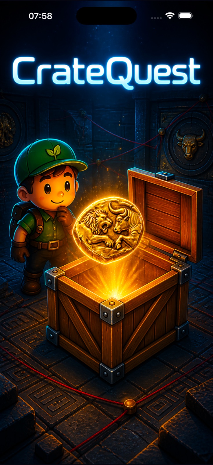 CrateQuest Spielszene mit Abenteurer, Kiste und Schatz