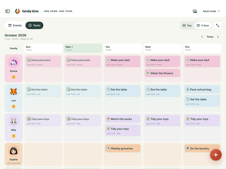 Children’s tasks in Family Time, with separate task rows for Emma, Leo and Mila