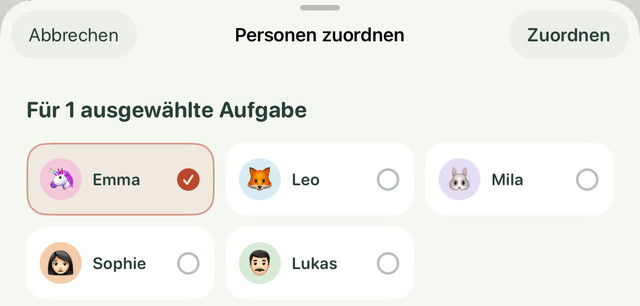 Personen für eine Aufgabenvorlage auswählen; Emma ist markiert.
