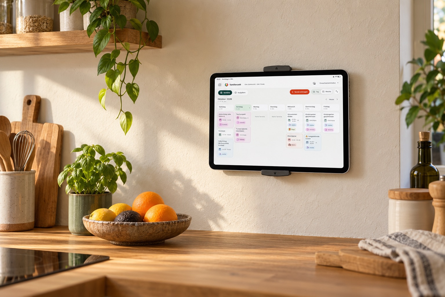 Familienzeit-Kalender auf einem iPad an einer Küchenwand