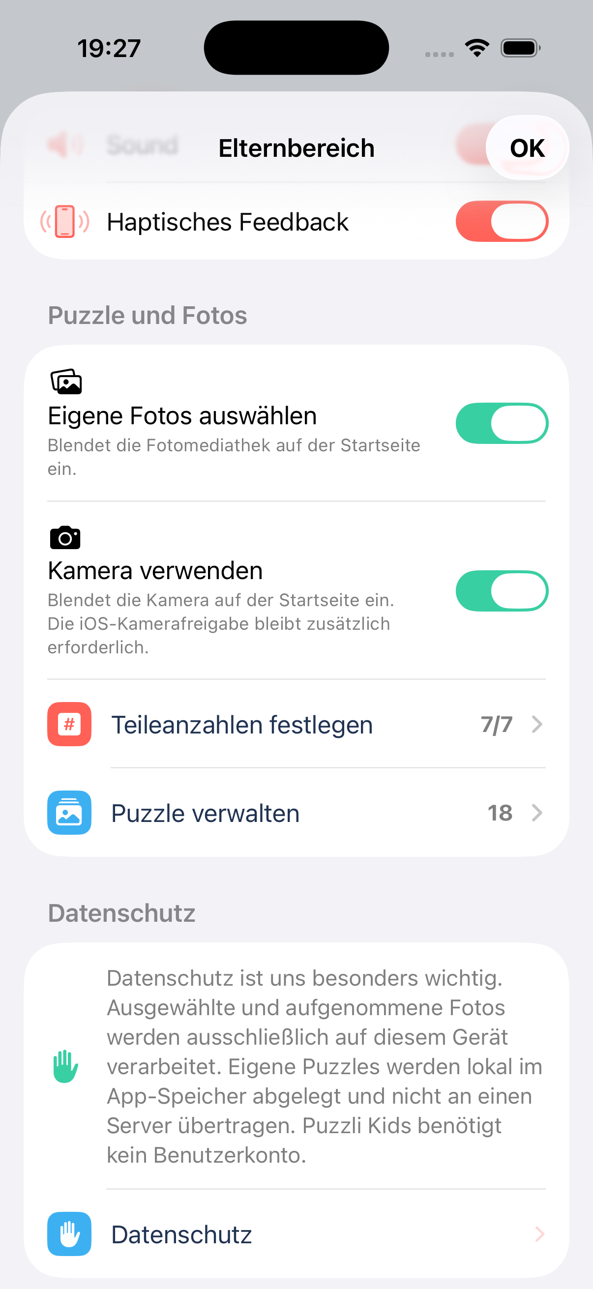 Puzzli Kids Elternbereich mit dem Menüpunkt Teileanzahlen festlegen