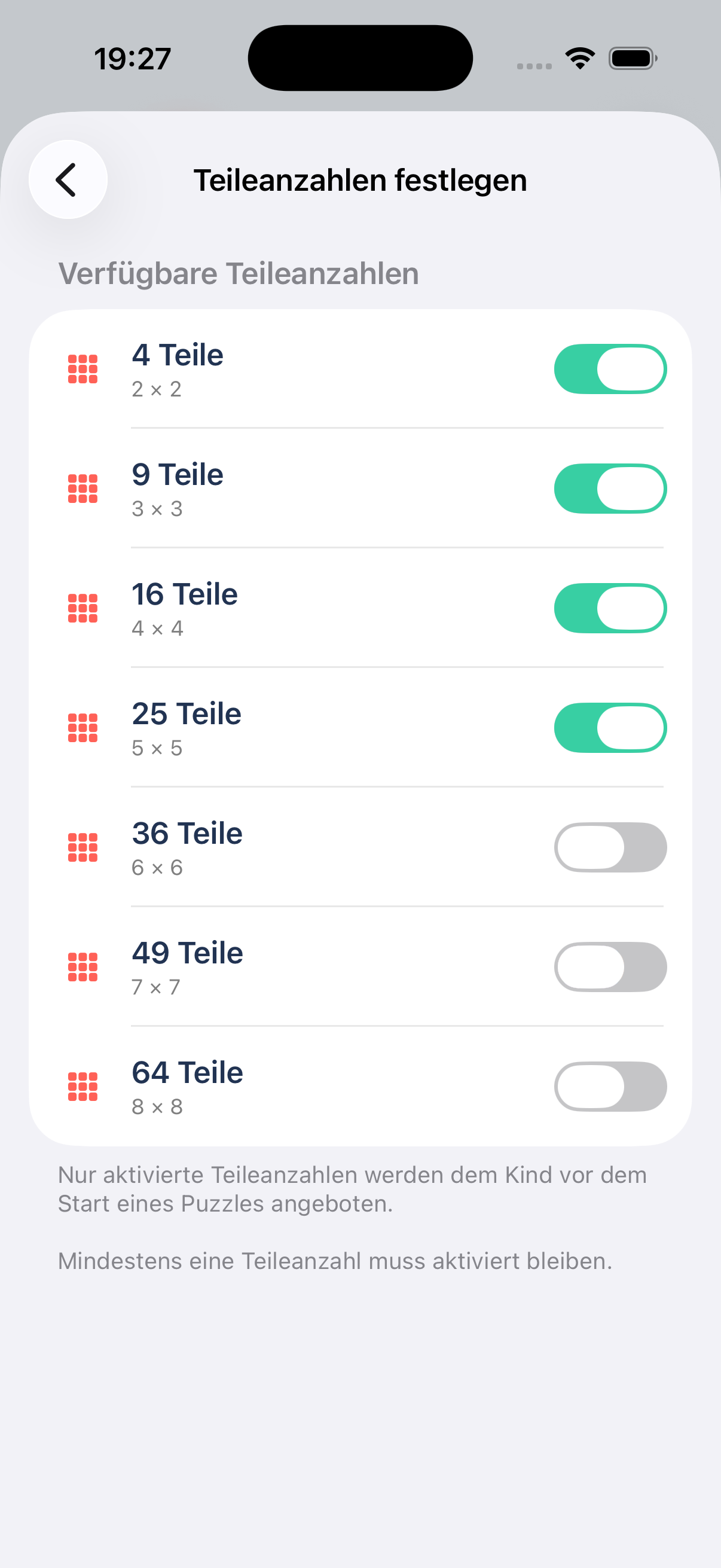 Auswahl der Puzzli Kids Teileanzahlen von 4 bis 64 Teilen